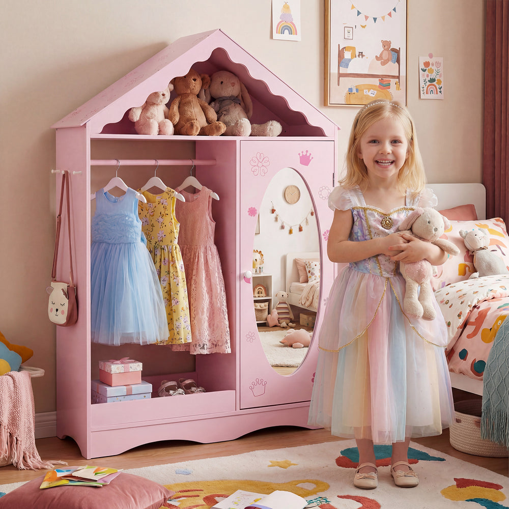 Kids Dress Up Storage with Mirror Roofed Wardrobe Closet with Open Hanging Rack-Pink - Gallery View 1 of 10