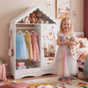 Kids dress up storage wardrobe with mirror, open hanging rack, and charming roof design for organized playtime.