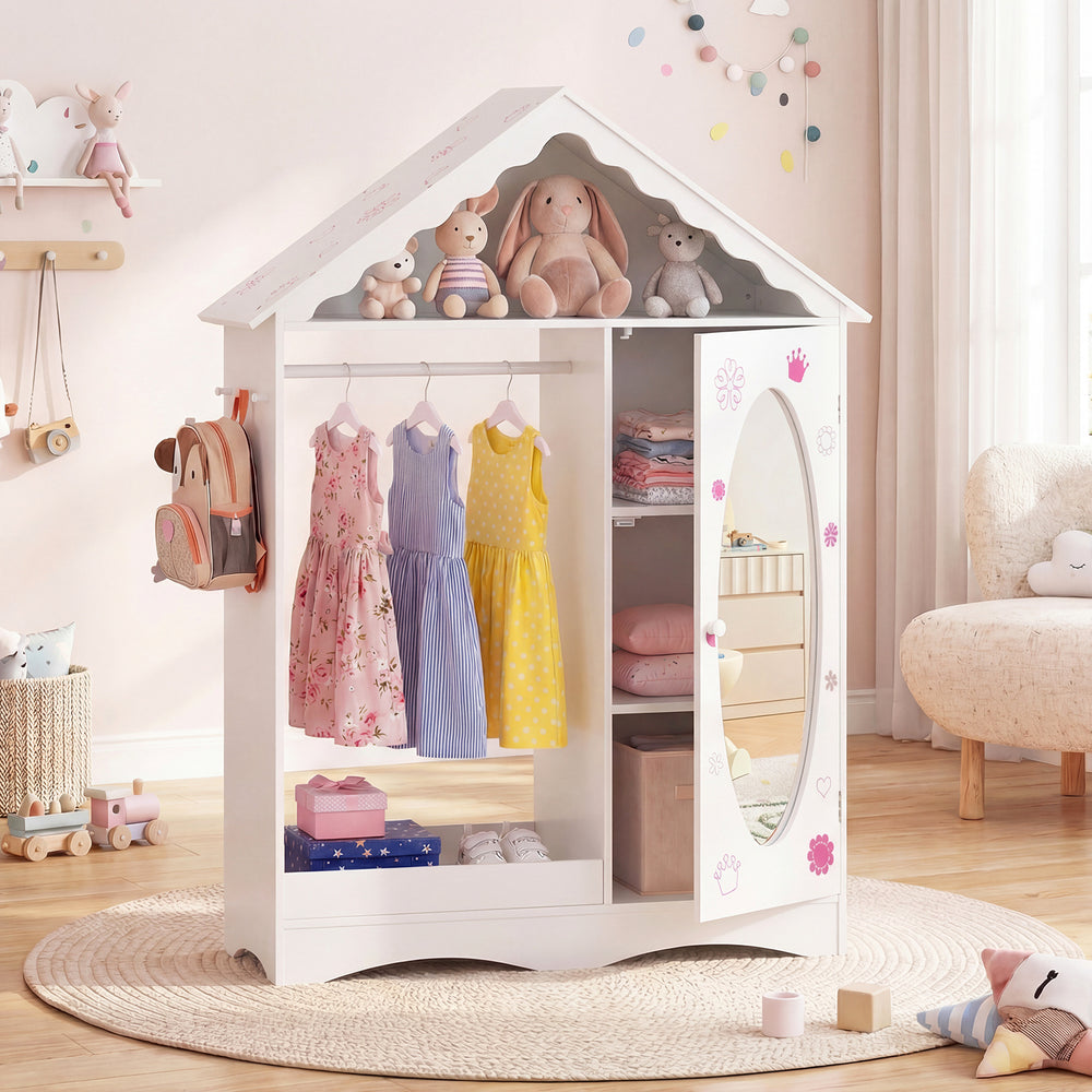 Kids dress-up storage wardrobe with roof design, open hanging rack, and full-length mirror in white for organized play.