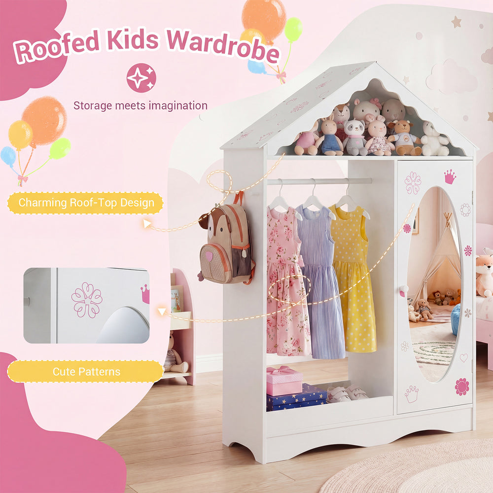 Roofed kids wardrobe closet in white with open hanging rack and full-length mirror, perfect for organizing children's.