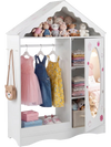 Kids dress up storage wardrobe closet with open hanging rack, mirror, and charming roof design for organizing clothes.
