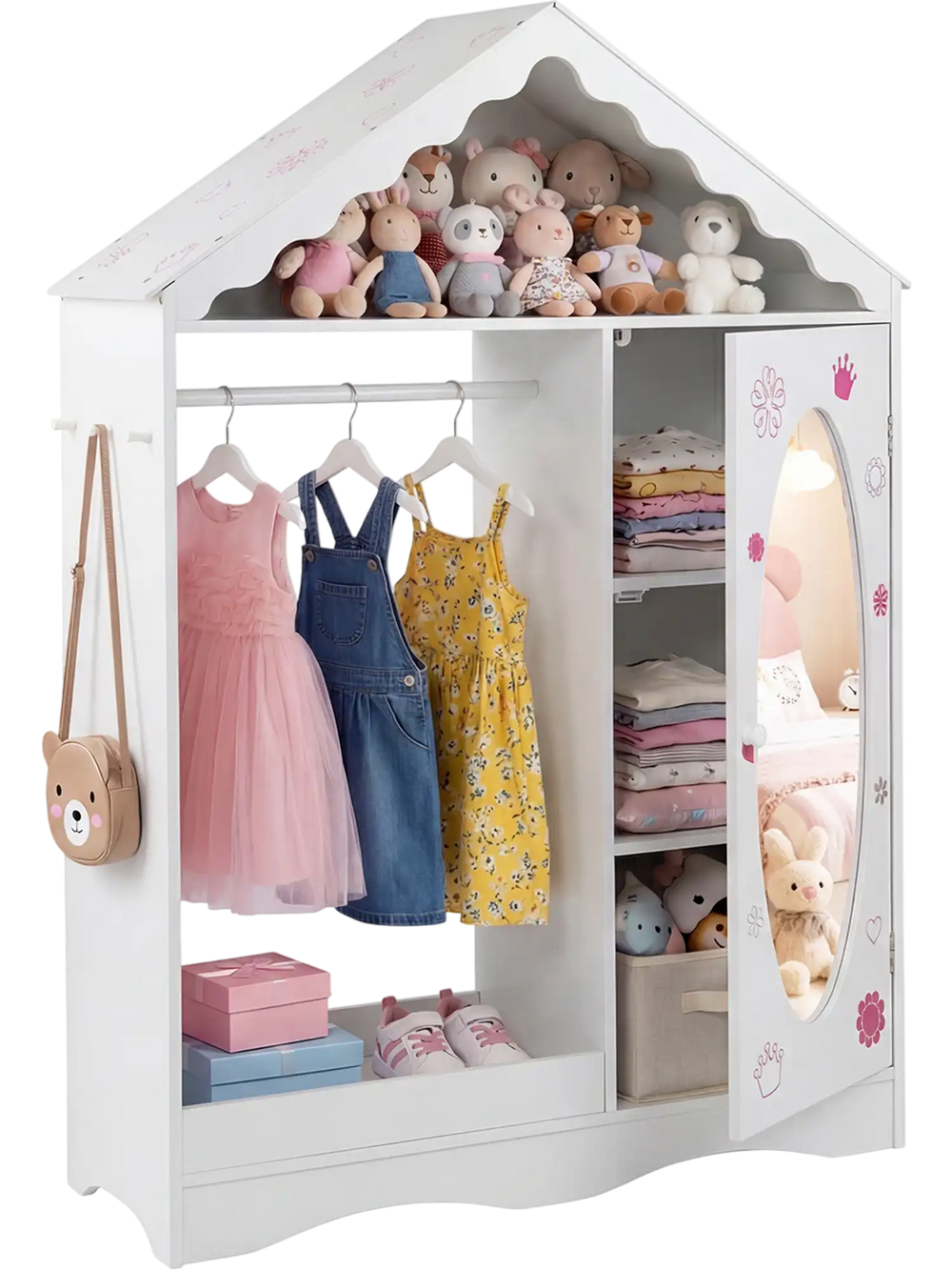 Kids dress up storage wardrobe closet with open hanging rack, mirror, and charming roof design for organizing clothes.