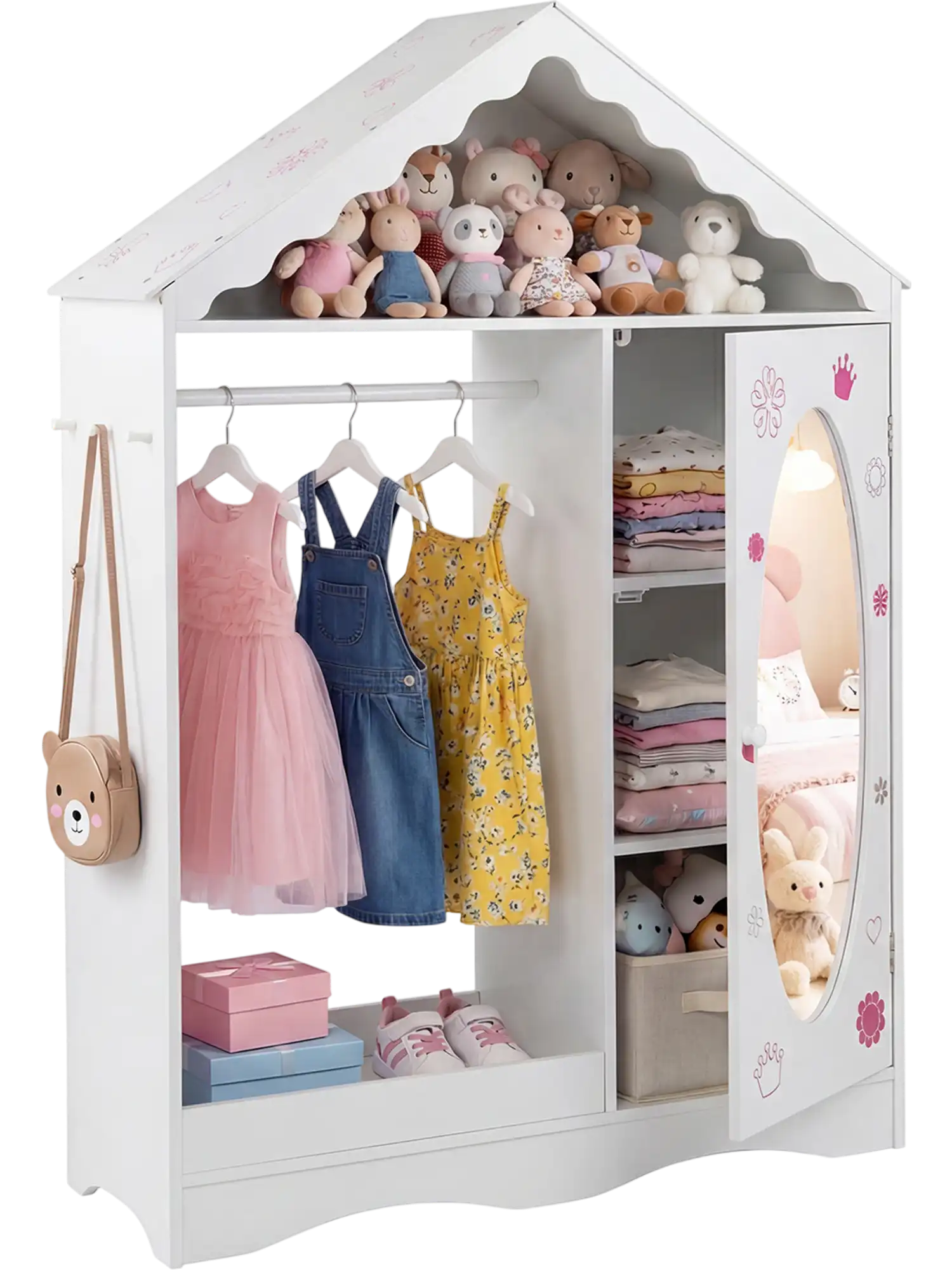 Costway Kids Dress Up Storage Mirror Roofed Wardrobe Closet Open Hanging Rack 31154723 New