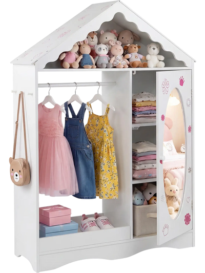 Costway Kids Dress Up Storage Mirror Roofed Wardrobe Closet Open Hanging Rack 31154723 New
