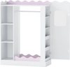 Kids dress-up storage in white and pink with shelves, hanging rack, and full-length mirror for organized playtime.