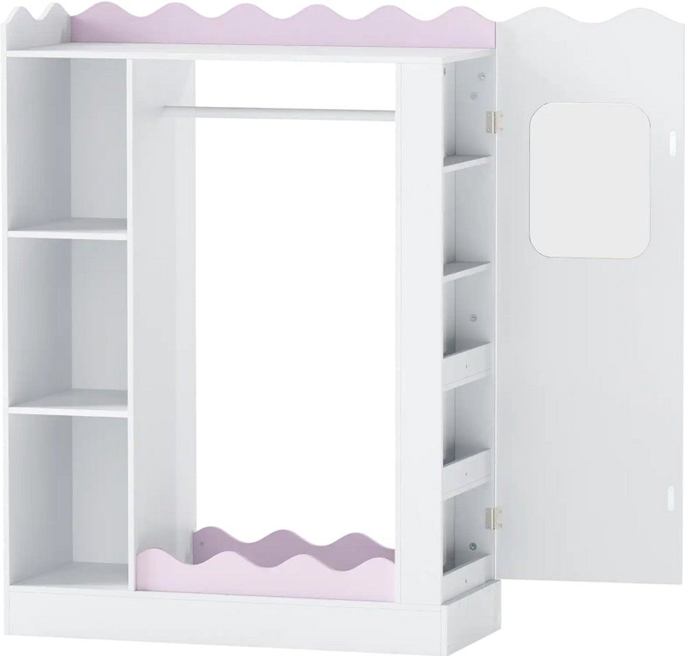 Kids dress-up storage in white and pink with shelves, hanging rack, and full-length mirror for organized playtime.