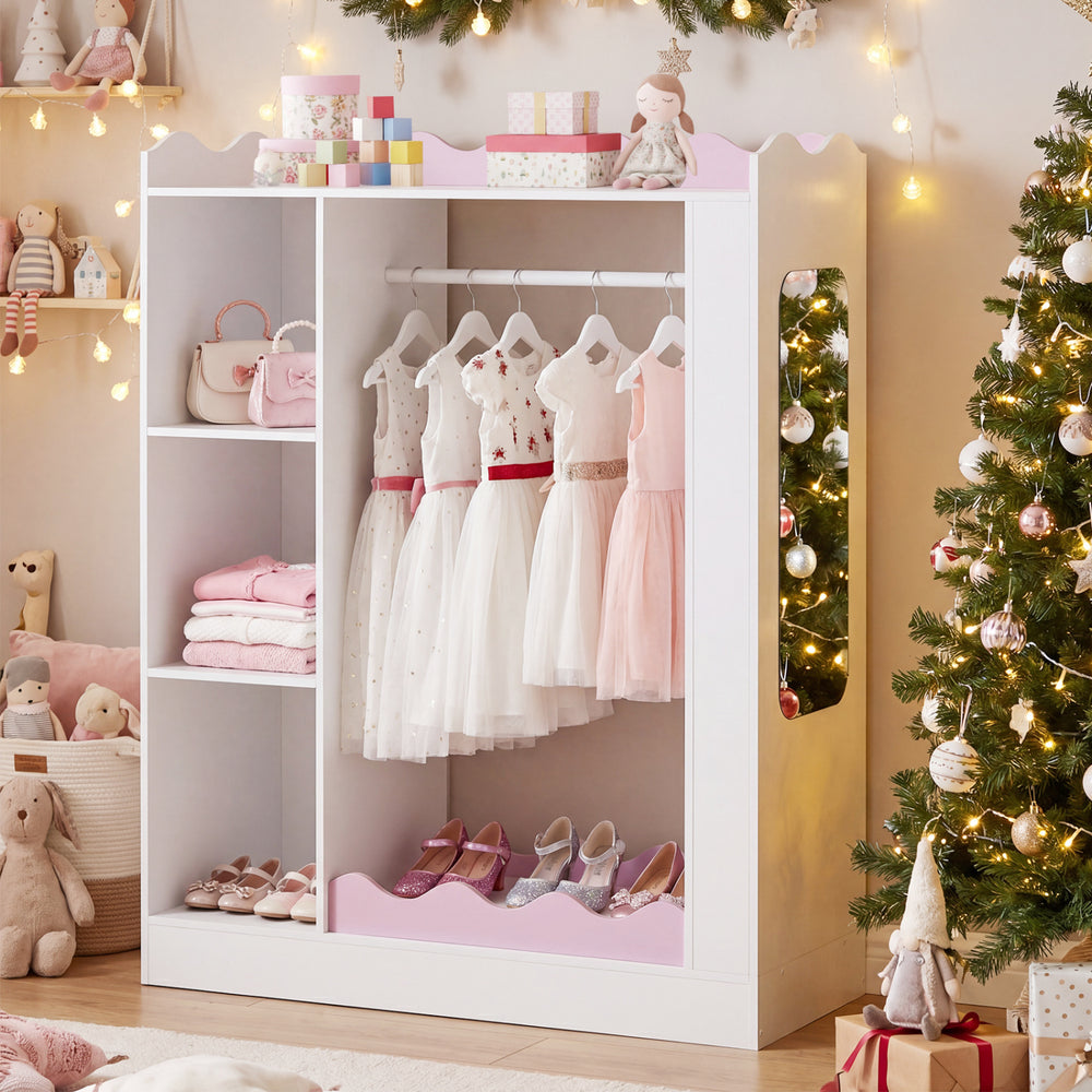 Kids dress-up storage in pink with hanging rack, shelves, and full-length mirror for organized bedroom play.