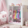 Kids dress-up storage in pink with hanging rack, shelves, and mirrors, perfect for organizing costumes in a bedroom.