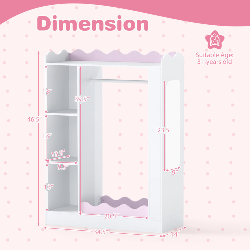 Kids dress up storage with mirrors, hanging rack, and shelves in pink, featuring dimensions for bedroom organization.