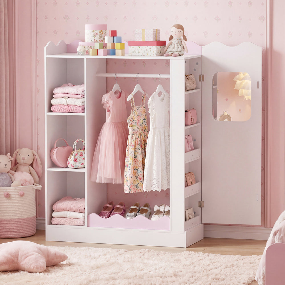 Kids dress up storage in pink with hanging rack, shelves, and mirrors, perfect for organizing and encouraging.
