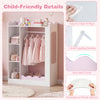Kids dress up storage in pink with hanging rack, shelves, and full-length mirror, designed for safety and easy cleaning.