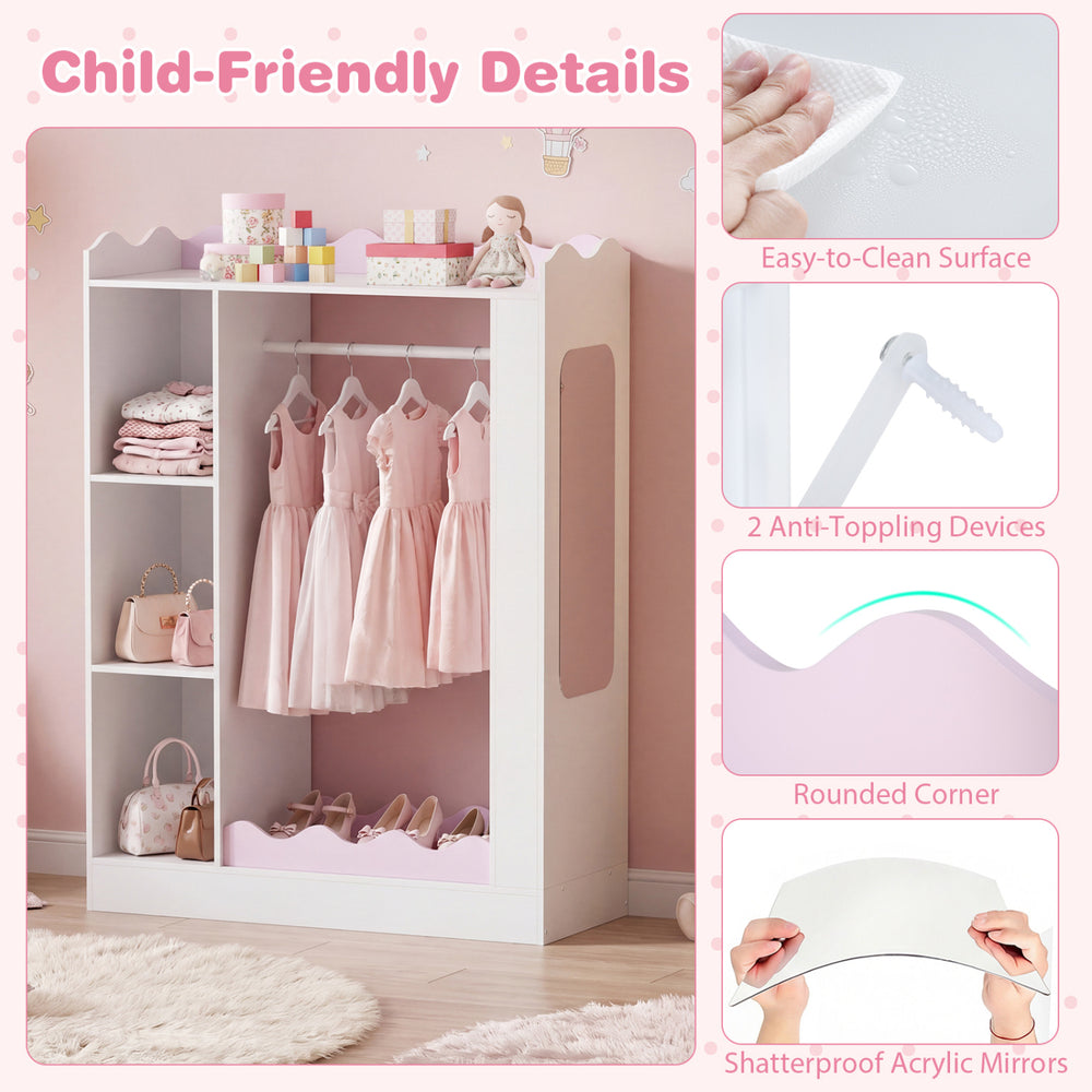 Kids dress up storage in pink with hanging rack, shelves, and full-length mirror, designed for safety and easy cleaning.