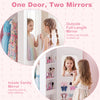 Kids dress up storage in pink featuring full-length and vanity mirrors, perfect for organizing and playing makeup.