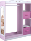 Kids dress-up storage in pink with full-length mirror, open shelves, and two foldable drawers for ample organization.