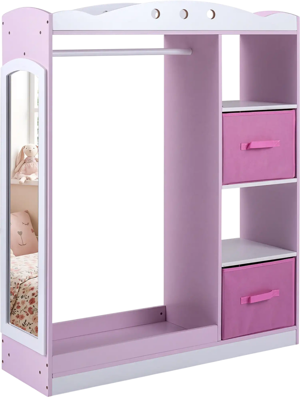 Kids dress-up storage in pink with full-length mirror, open shelves, and two foldable drawers for ample organization.