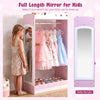 Kids dress up storage with a full-length acrylic mirror in pink, featuring open shelves and ample storage for outfits.