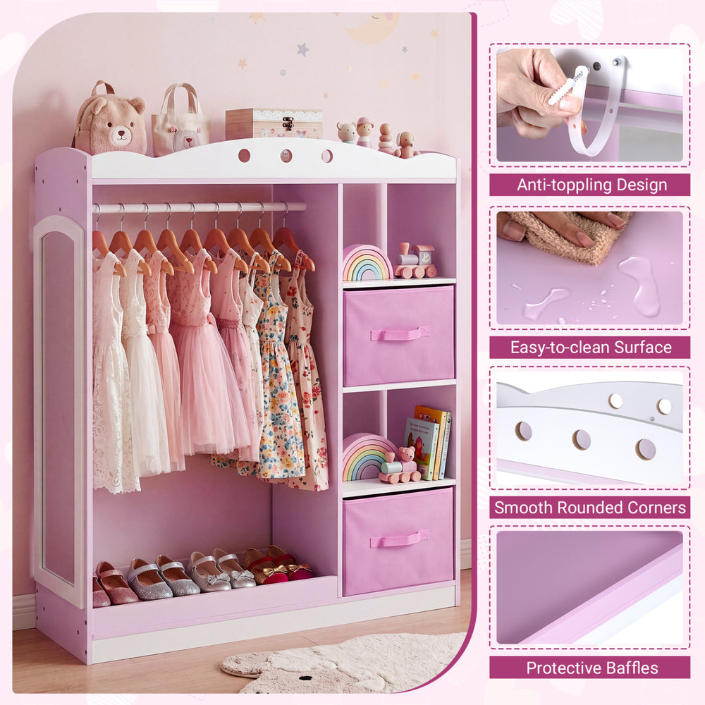 Kids dress-up storage in pink with full-length mirror, hanging rod, and open shelves for easy access and ample storage.