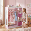 Kids dress-up storage in pink with full-length mirror, hanging rod, and open shelves for easy access and organization.
