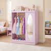 Kids dress-up storage in pink with a full-length mirror, ample shelves, and rounded corners for safety in a child's room.