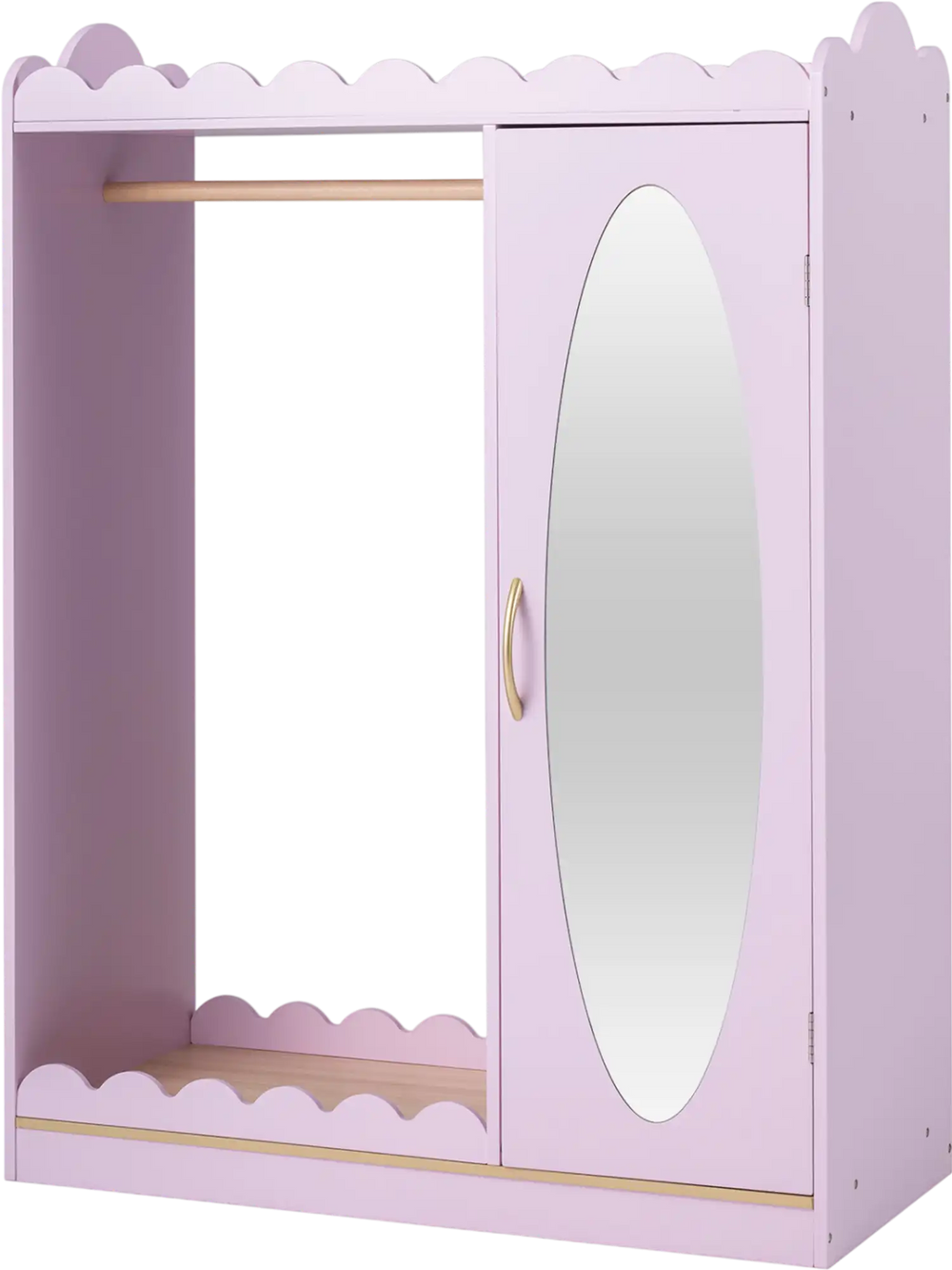 Kids dress up storage in pink with a full-length mirror and cabinet, perfect for bedrooms and playrooms.