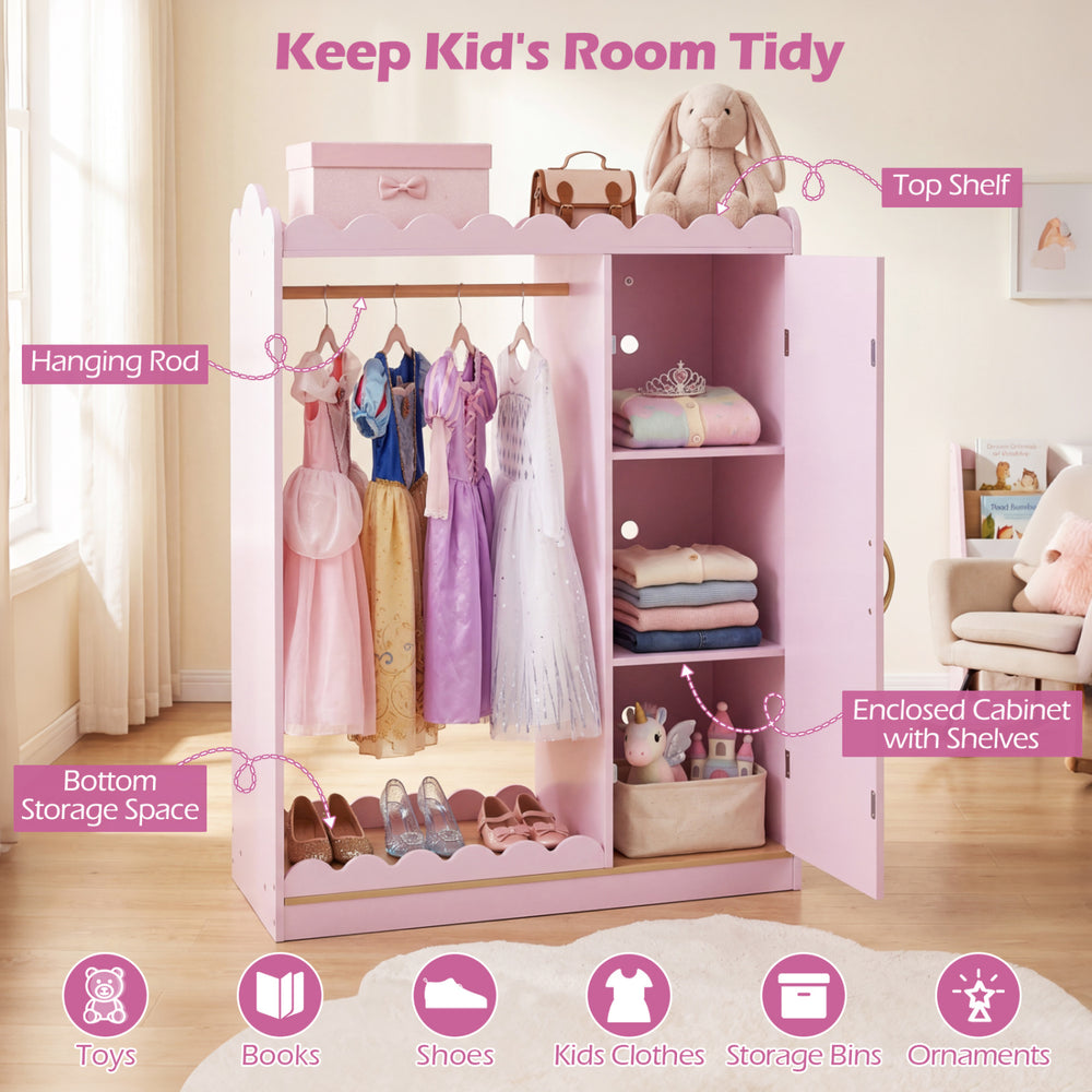 Kids dress up storage in pink with full-length mirror, top shelf, and enclosed cabinet for organized playroom storage.