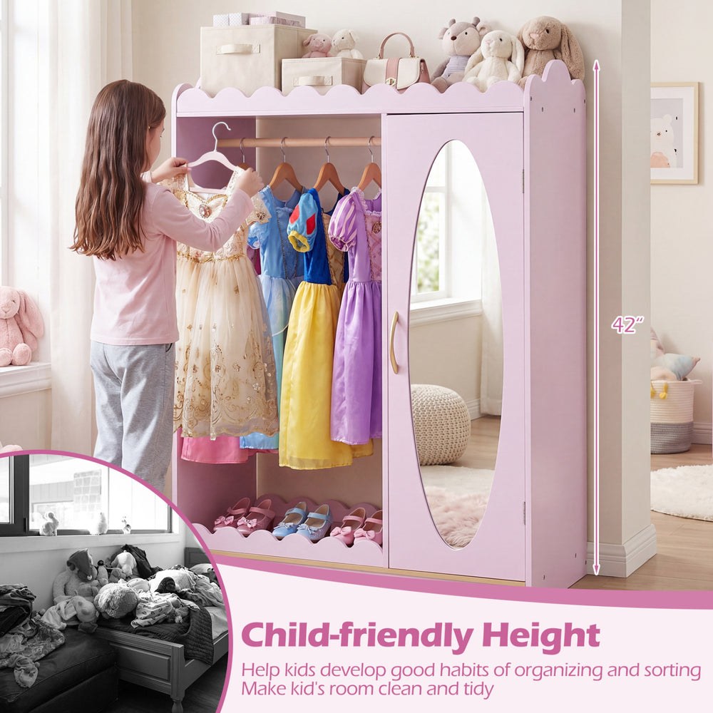 Kids dress up storage in pink with a full-length mirror, featuring ample storage and a child-friendly height of 42 inches.