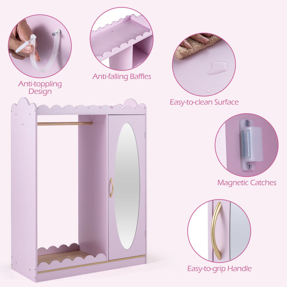 Kids dress up storage in pink with a full-length mirror, ample storage, and easy-to-clean surface for safe playroom use.
