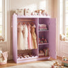 Kids dress up storage in pink with full-length mirror, shelves, and rounded corners for safety in a child's room.
