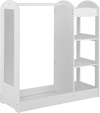 Kids dress up storage in white with mirror, shelves, and clothes hanger for organizing in playroom or nursery.
