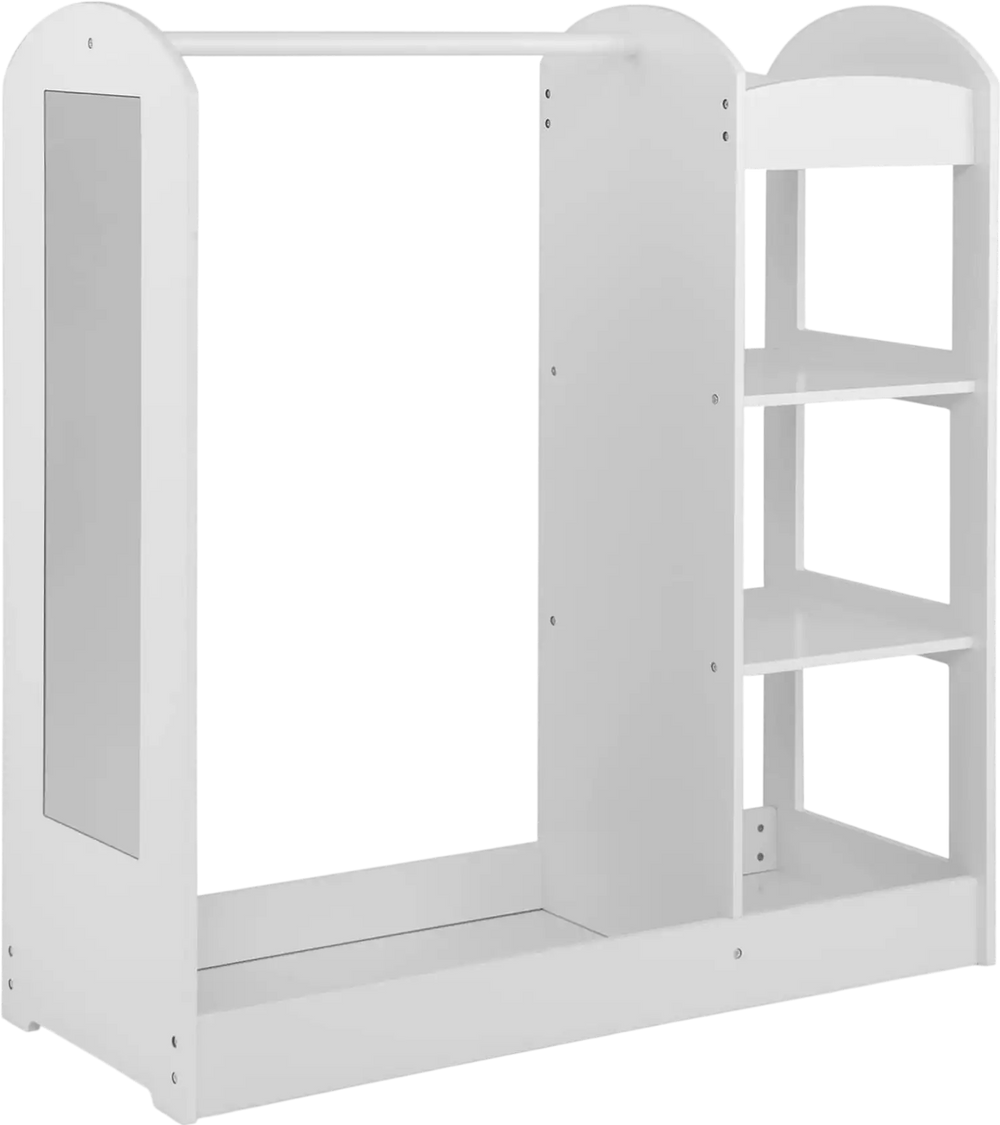 Kids dress up storage in white with mirror, shelves, and clothes hanger for organizing in playroom or nursery.