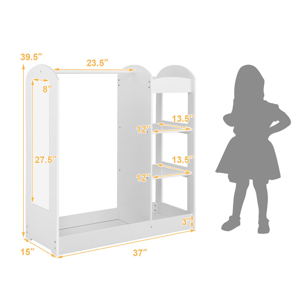 Kids dress up storage in white with mirror, featuring clothes hanger and open shelves for organized playroom storage.