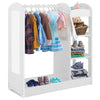 Kids dress-up storage in white with clothes hanger, mirror, and open shelves for organizing outfits in a playroom.
