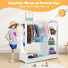 Kids dress up storage with mirror in white, featuring clothes hanger and open shelves for organized playroom storage.