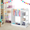 Kids dress up storage in white with clothes hanger, open shelves, and kid-safe mirror for organizing outfits.