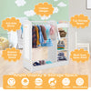 Kids dress up storage in white featuring a clothes hanger, mirror, and multi-layer shelves for organized playroom use.