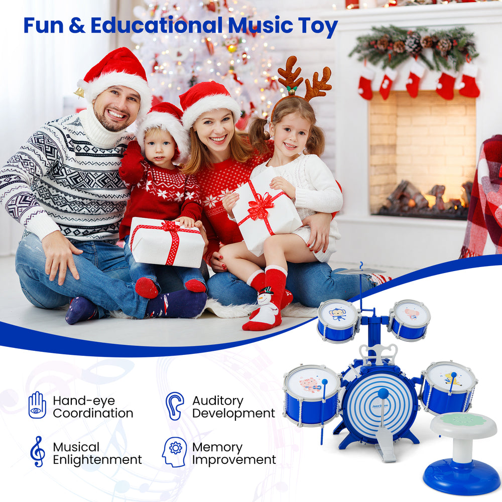 Kids drum set in blue with 5 detachable drums and cymbal, promoting auditory development and hand-eye coordination.