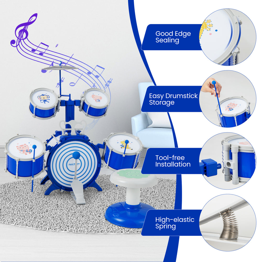 Kids blue drum set with 5 detachable drums, cymbal, and anti-slip pedal for musical education and fun.