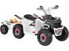 Kids electric ATV quad car in white with detachable trailer, designed for ages 3+, perfect for outdoor fun.
