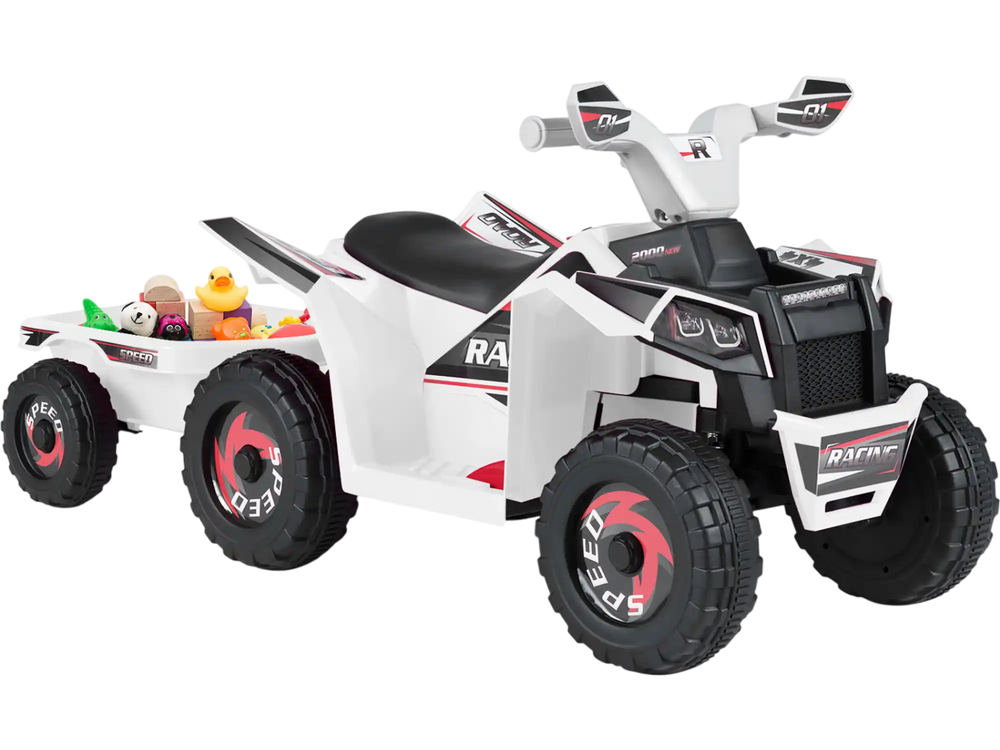 Kids electric ATV quad car in white with detachable trailer, designed for ages 3+, perfect for outdoor fun.