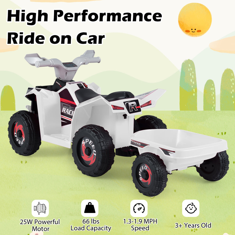 Kids electric ATV quad car in white with detachable trailer, 6V motor, suitable for ages 3+, perfect for outdoor fun.