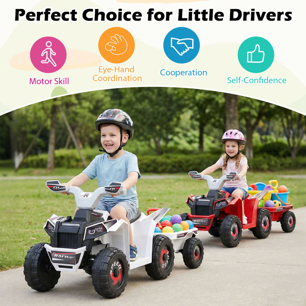 Kids riding the 6V electric ATV quad car with detachable trailer, promoting motor skills and outdoor fun.