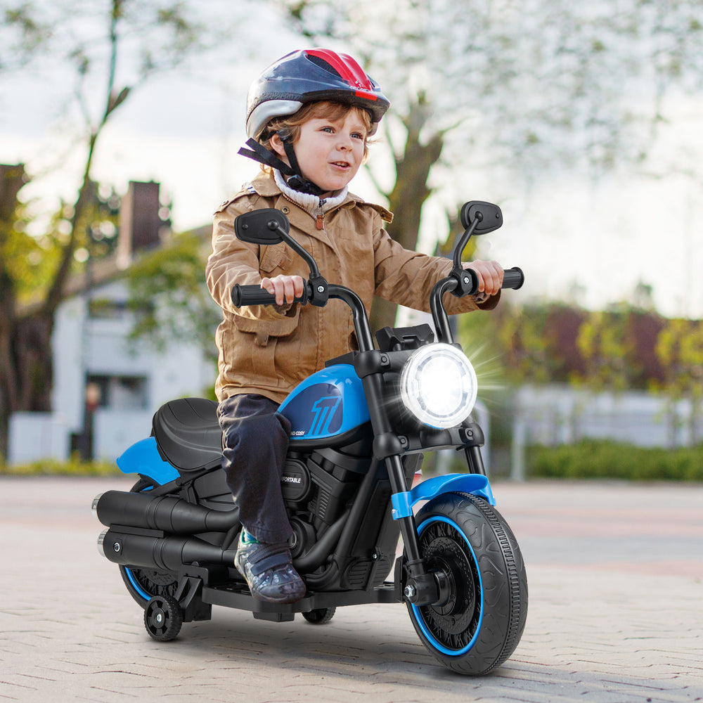 Kids electric motorcycle in blue with training wheels, LED headlights, and realistic throttle for fun outdoor rides.
