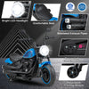Kids electric motorcycle in blue with LED headlights, detachable training wheels, and comfortable seat for fun riding.