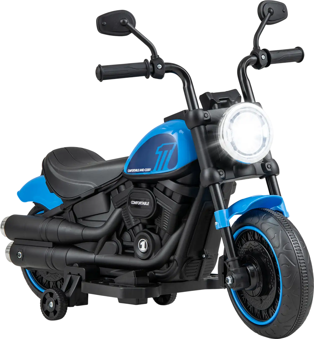 Kids electric motorcycle in blue with training wheels, LED headlights, and realistic throttle pedal for fun riding.