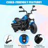 Kids electric motorcycle in blue with LED headlights, training wheels, and easy-to-operate buttons for safe riding.