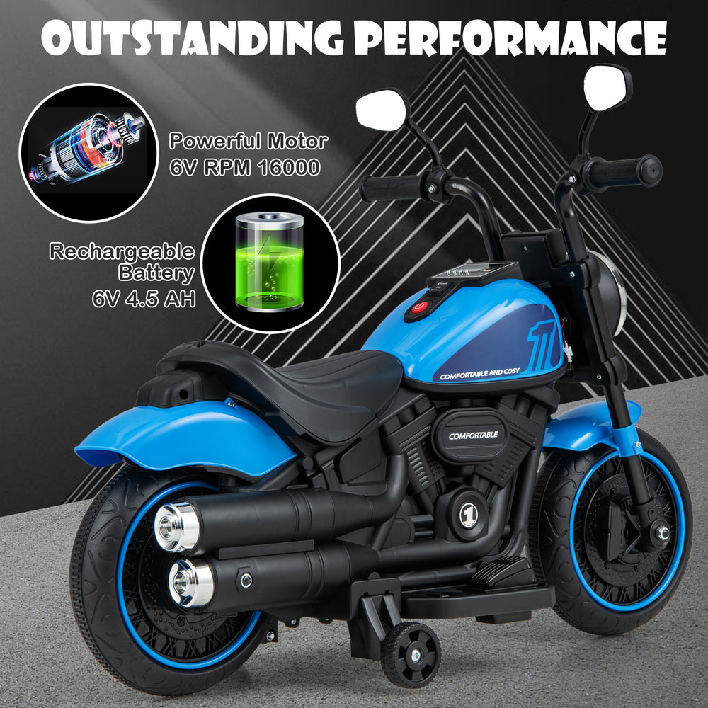 Kids electric motorcycle in blue with training wheels, LED headlights, and premium motor for fun outdoor rides.