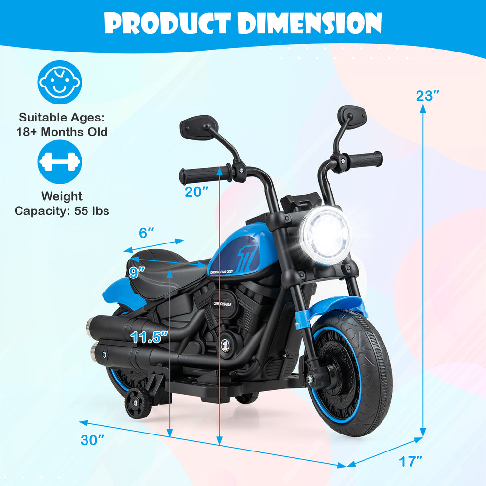 Kids electric motorcycle in blue with training wheels, LED headlights, and dimensions for ages 18+ months.