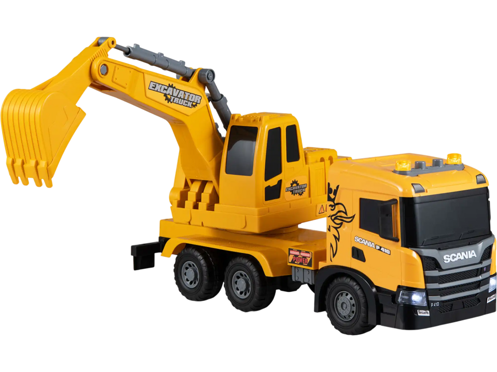 Yellow licensed Scania excavator truck toy features adjustable arm, sounds, lights, and 360° rotating cabin for kids.