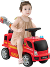 Kids push ride-on fire truck in red with ladder, lights, and bubble maker for children aged 18-36 months.