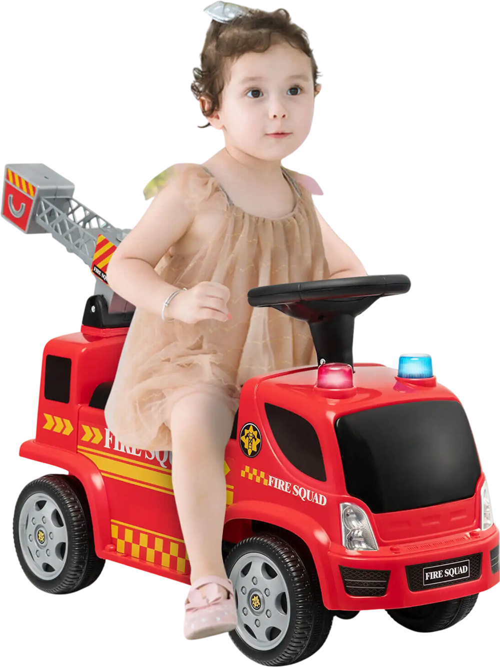 Kids push ride-on fire truck in red with ladder, lights, and bubble maker for children aged 18-36 months.